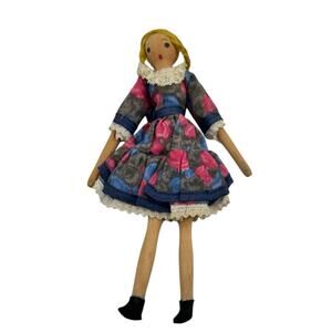 Vintage Shackman Wooden Peg Doll Floral Dress Dollhouse Early American Blonde
